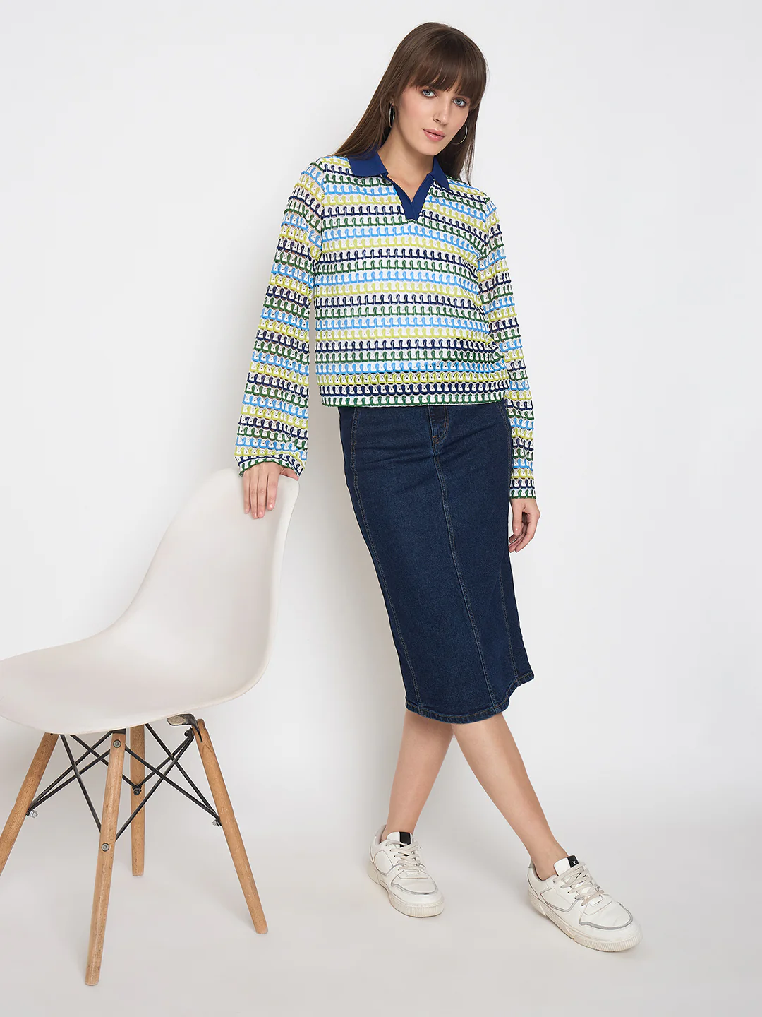 Madame Seam Detailed Dark Blue Denim Midi Skirt - Image 6