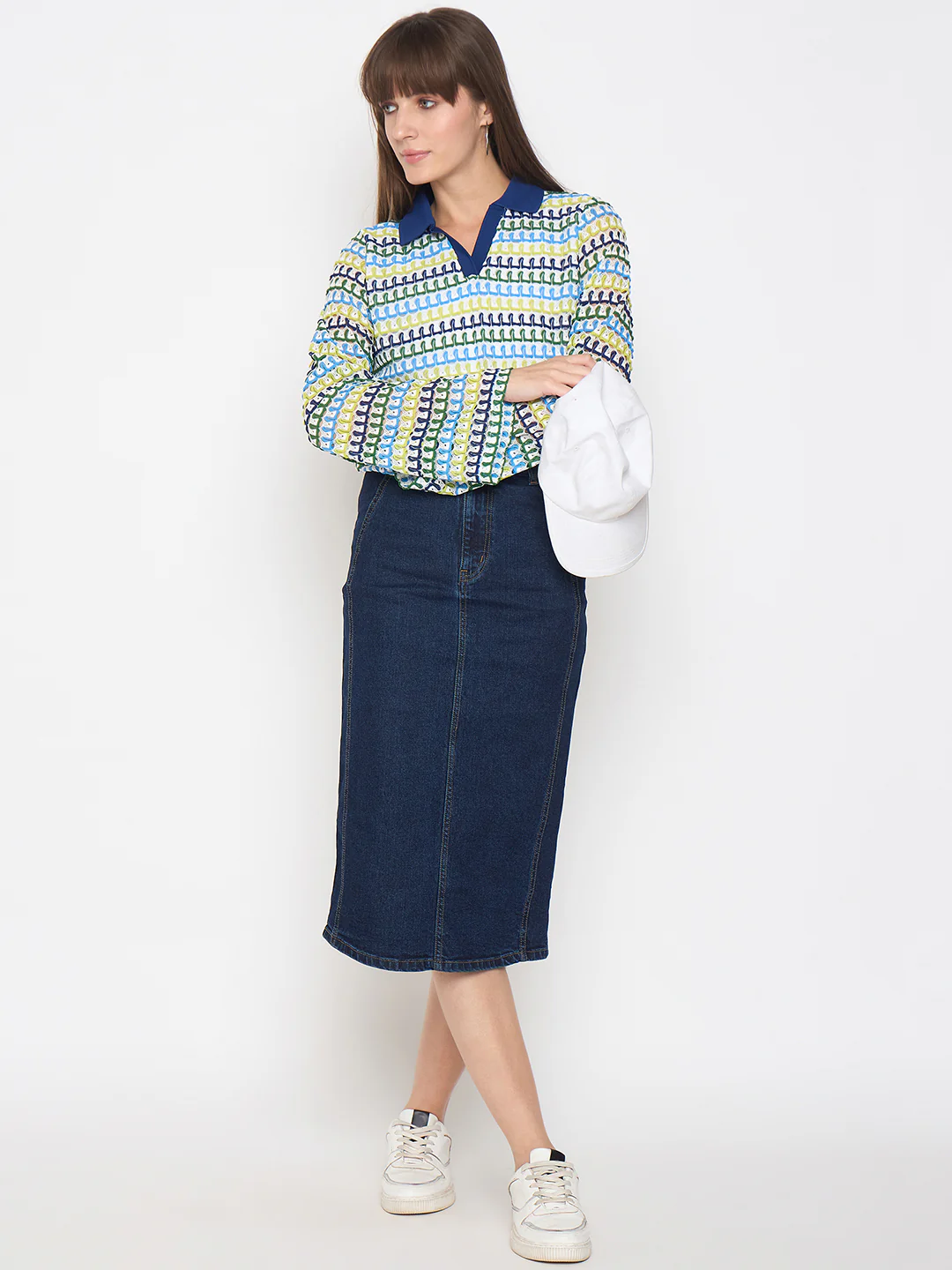 Madame Seam Detailed Dark Blue Denim Midi Skirt - Image 7