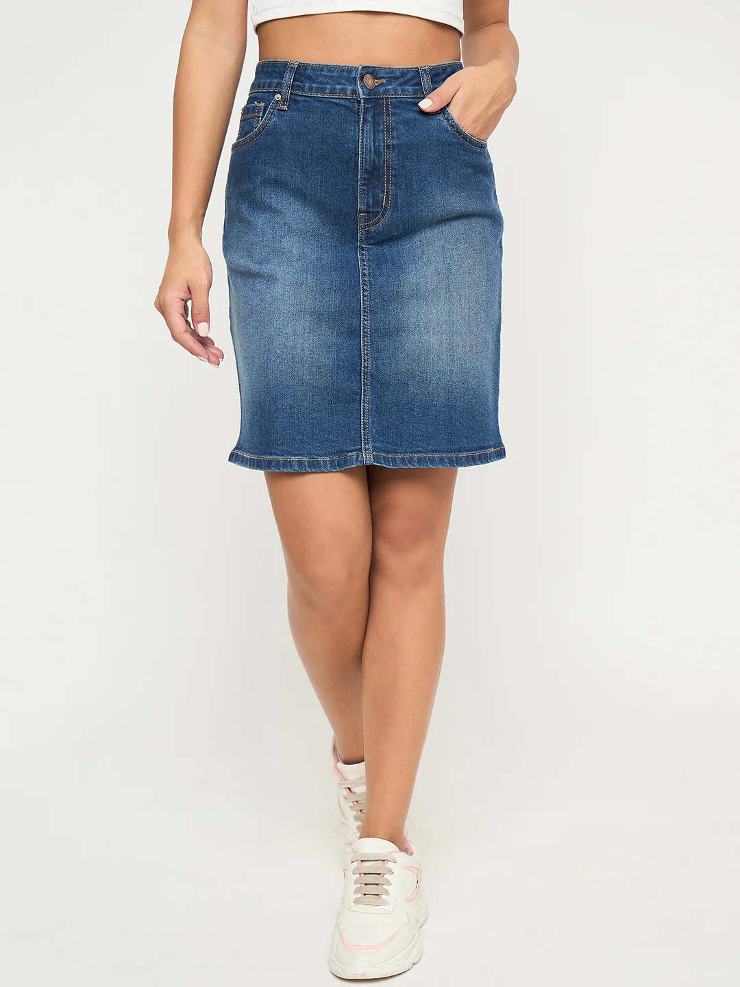 Madame Stone Wash Mid Blue Cotton Blend Mini Denim Skirt