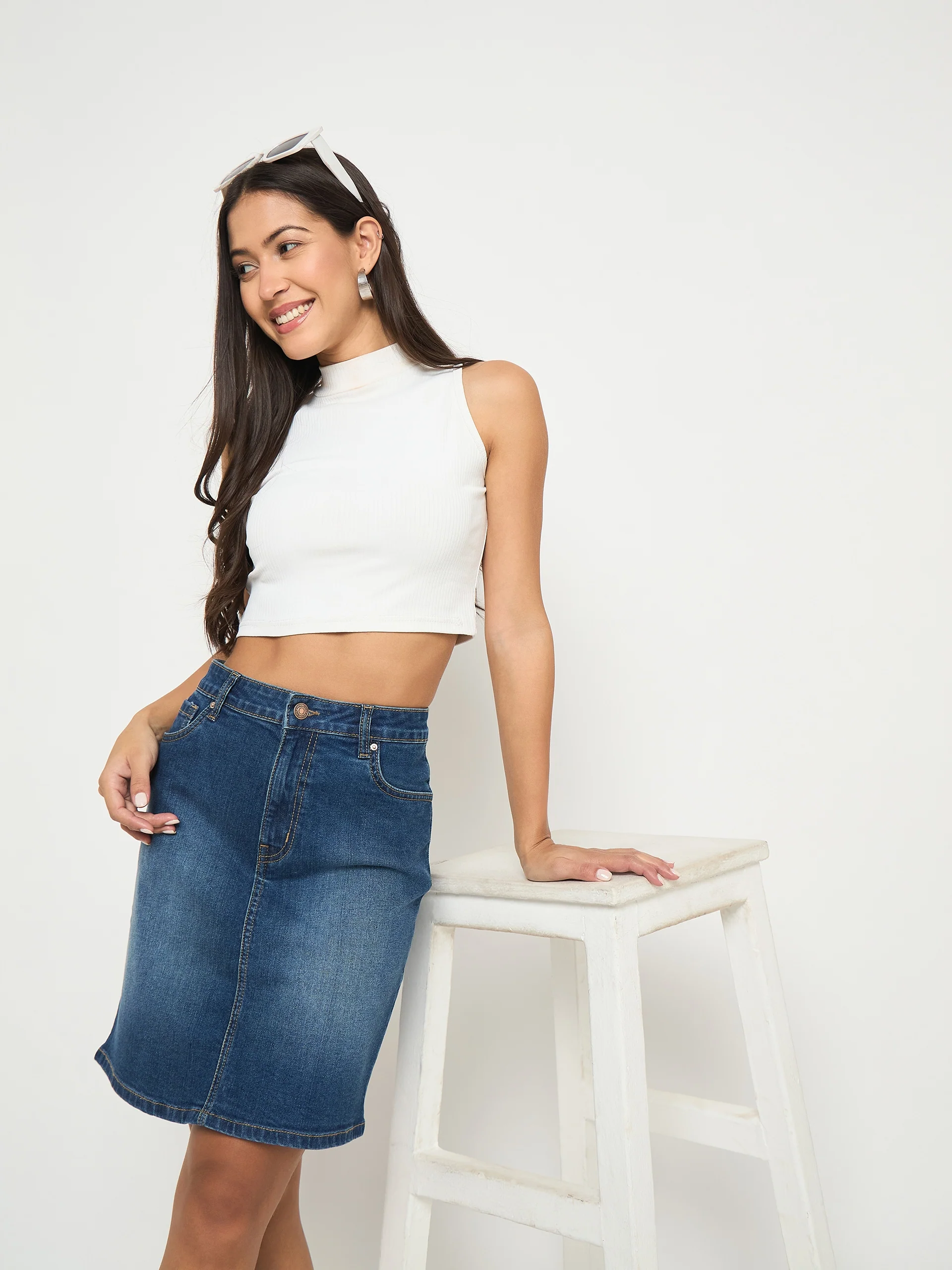 Madame Stone Wash Mid Blue Cotton Blend Mini Denim Skirt - Image 2