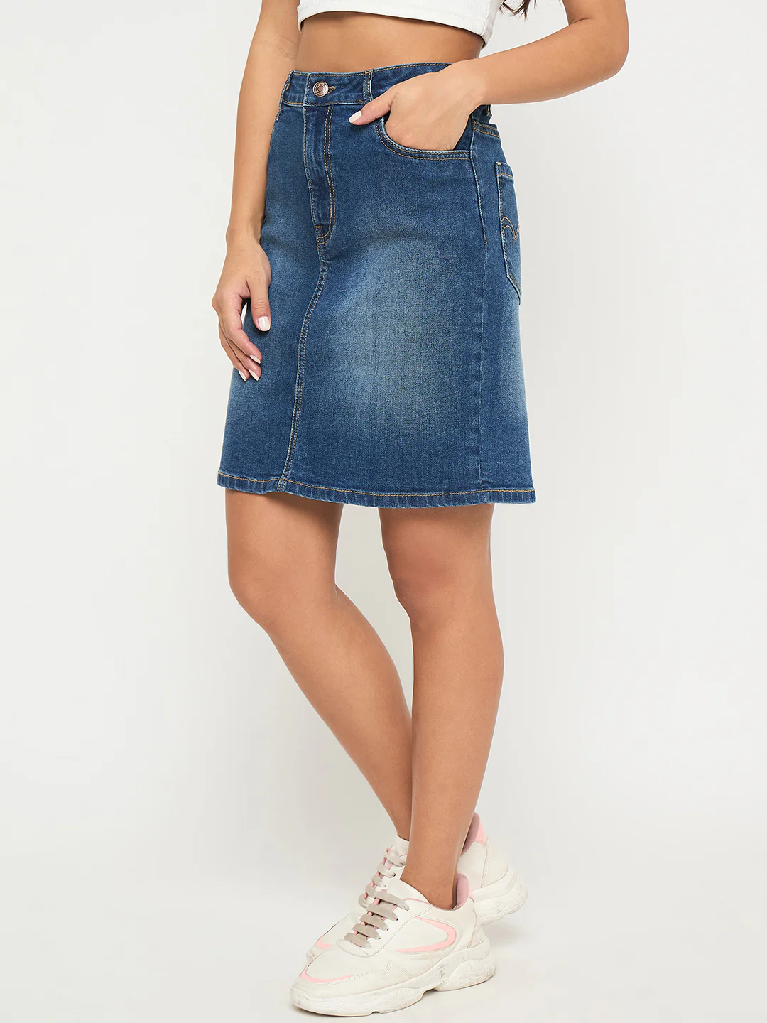 Madame Stone Wash Mid Blue Cotton Blend Mini Denim Skirt - Image 4