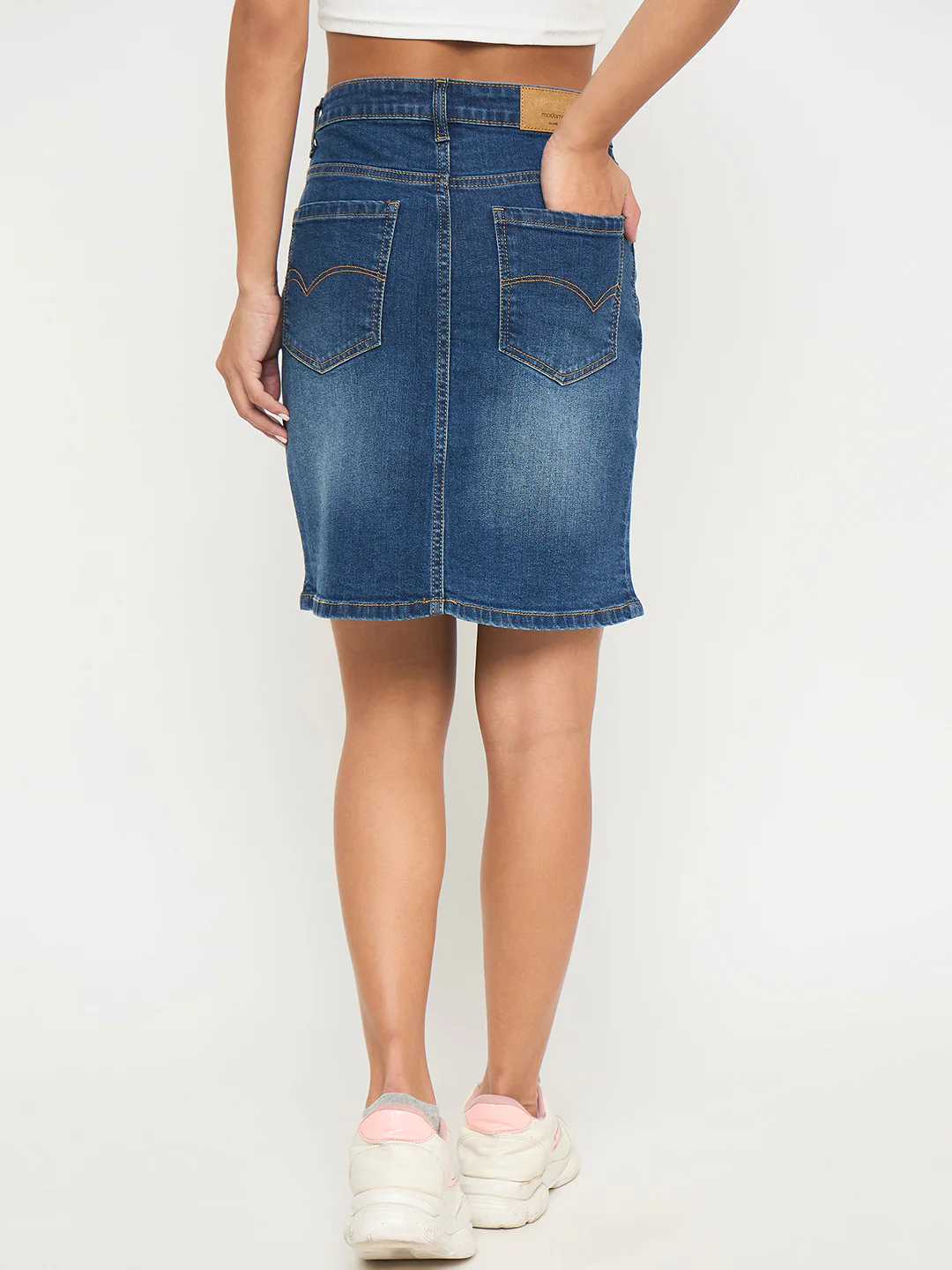 Madame Stone Wash Mid Blue Cotton Blend Mini Denim Skirt - Image 5