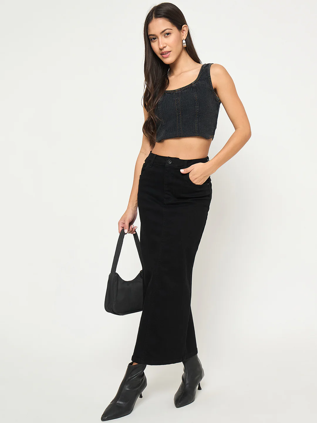 Madame Solid Jet Black Cotton Blend Maxi Denim Skirt - Image 2