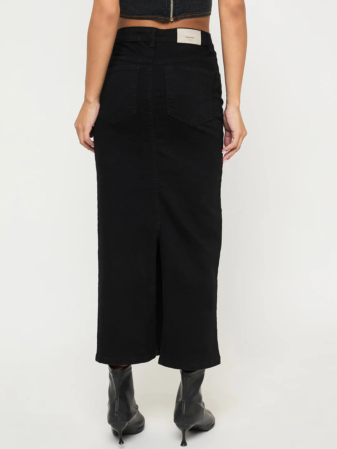 Madame Solid Jet Black Cotton Blend Maxi Denim Skirt - Image 5