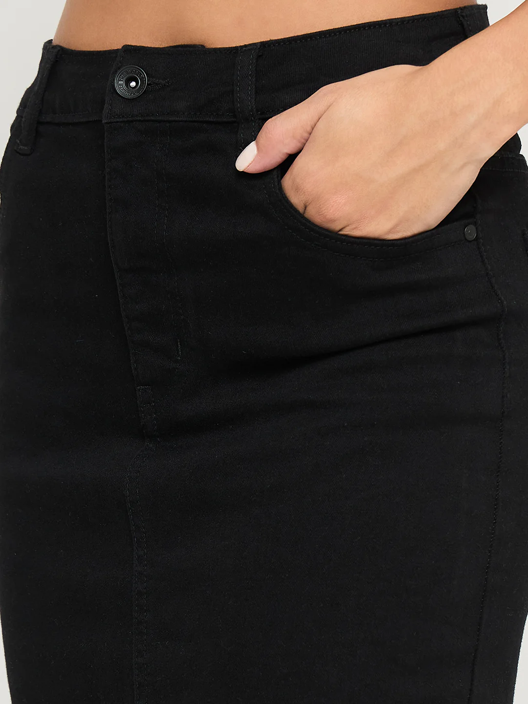 Madame Solid Jet Black Cotton Blend Maxi Denim Skirt - Image 6