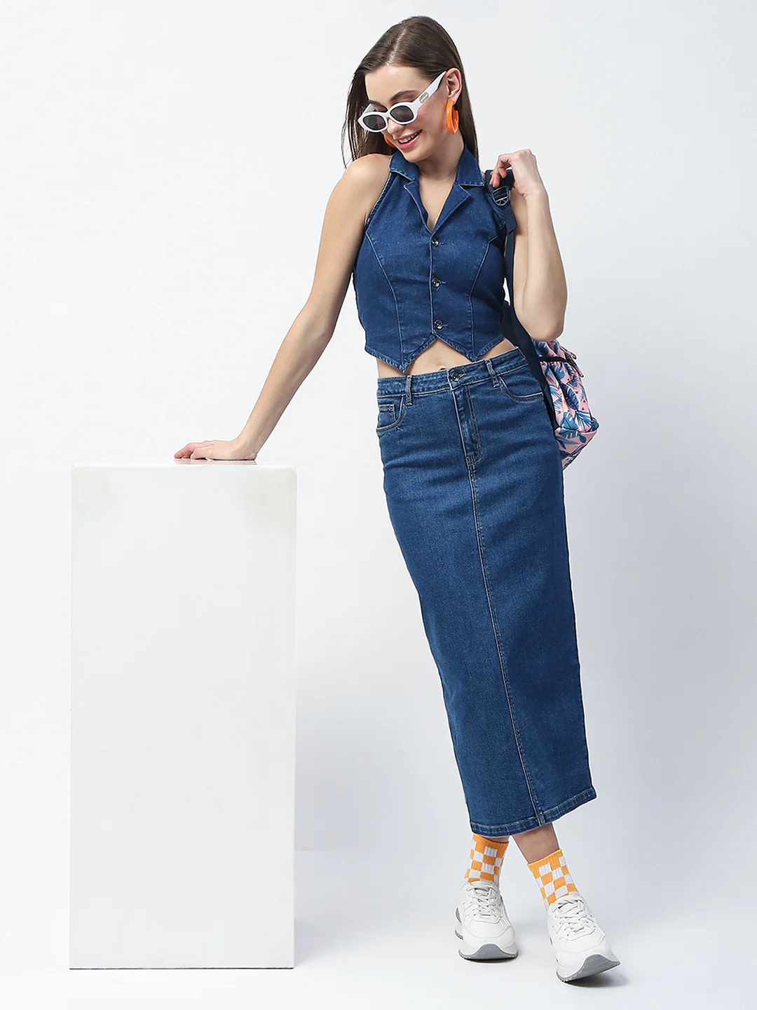 Madame Solid Mid Blue Cotton Blend Maxi Denim Skirt - Image 2