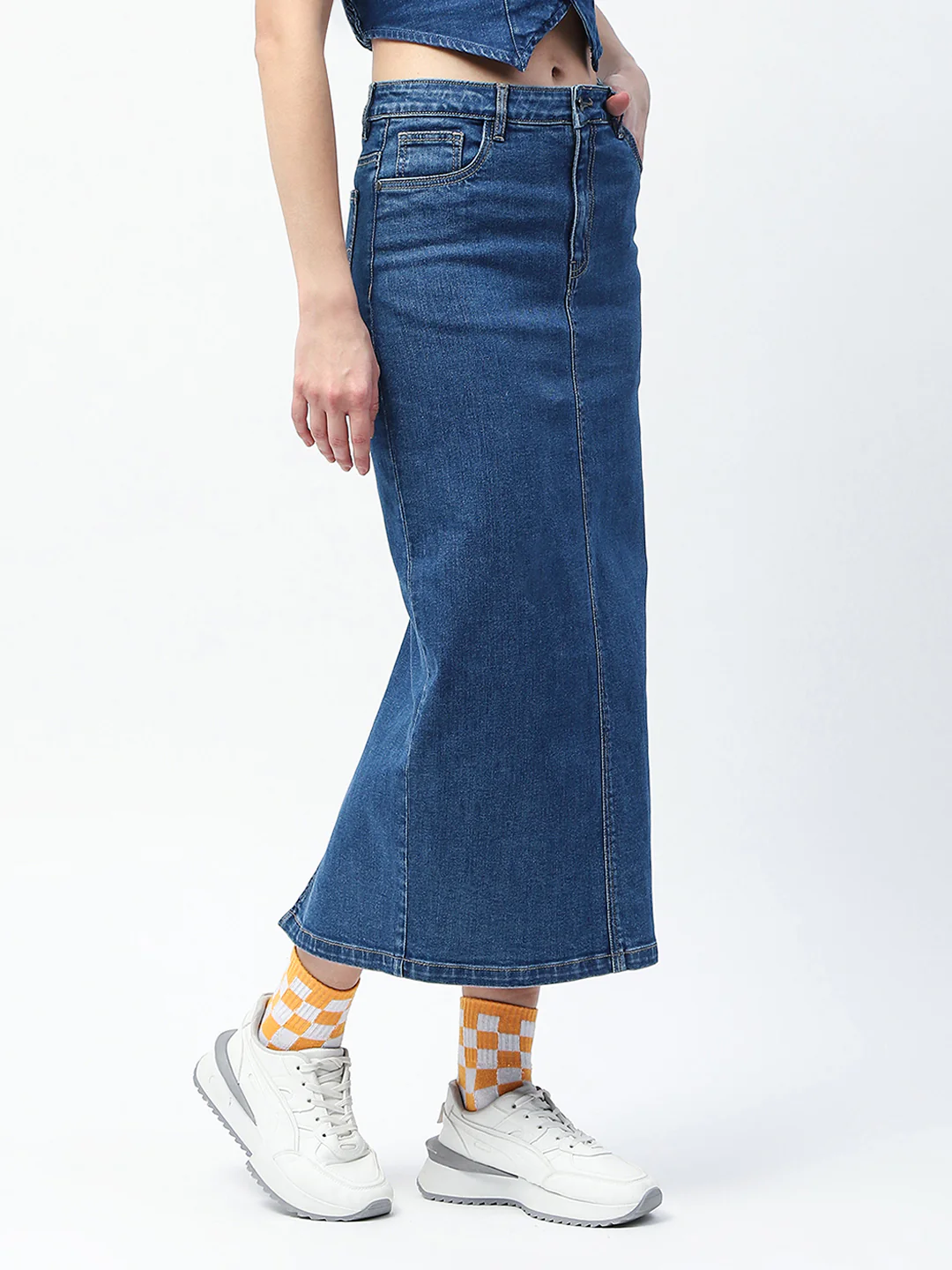 Madame Solid Mid Blue Cotton Blend Maxi Denim Skirt - Image 6