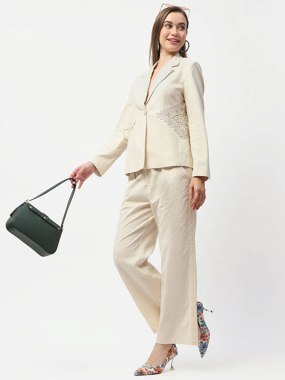 Madame Patchwork Detailed Solid Beige Blazer - Image 2