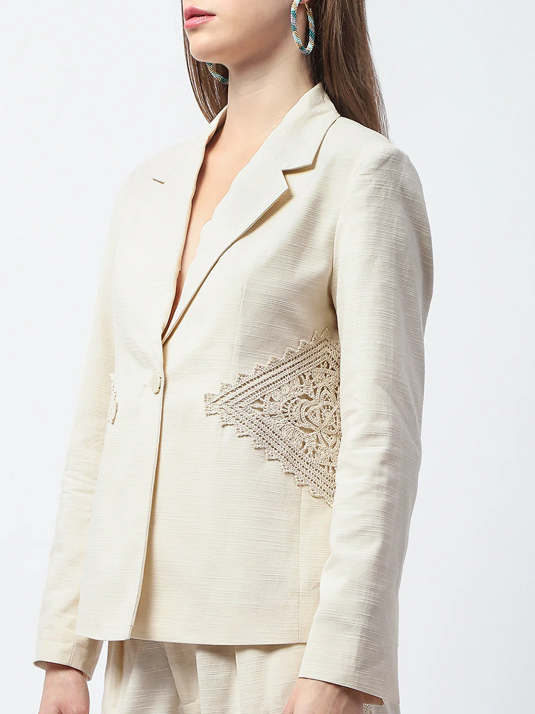 Madame Patchwork Detailed Solid Beige Blazer - Image 8
