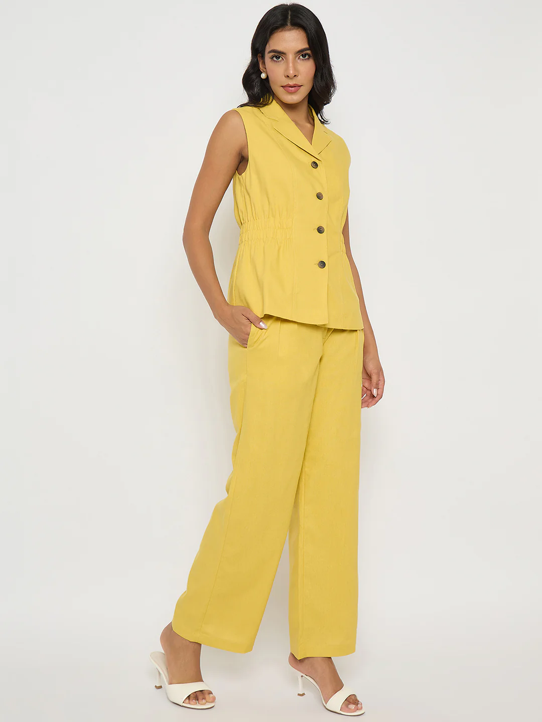 Madame Mustard Yellow Sleeveless Vest and Trousers Co-ord Set - Image 4