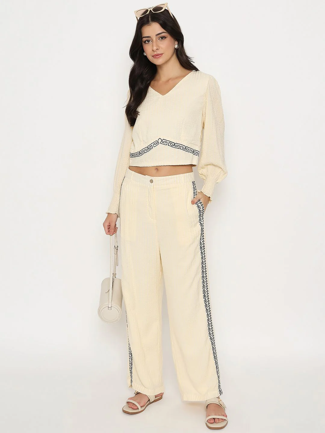 Madame Embroidered Top and Bottom Textured Beige Co-ord Set