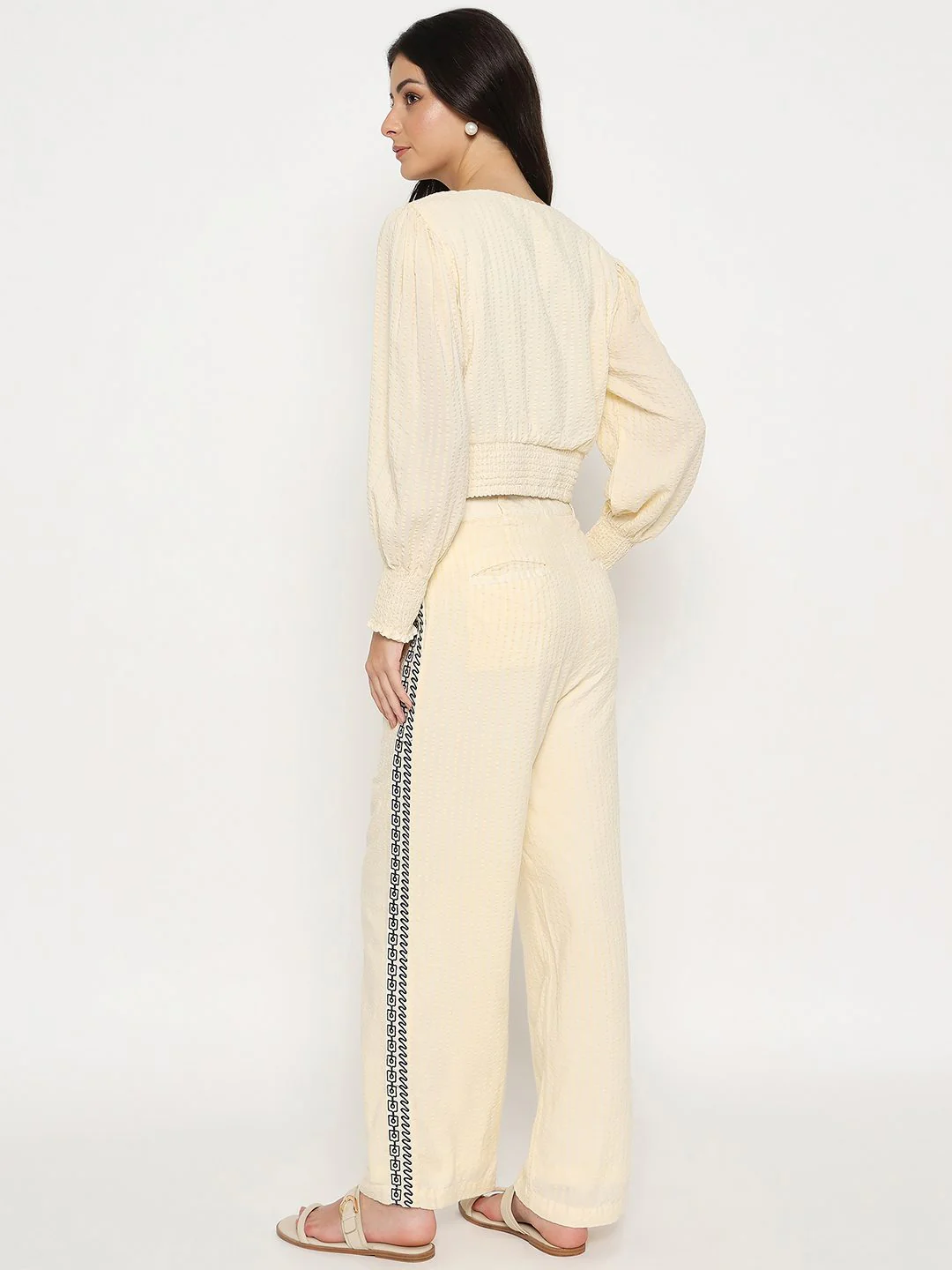 Madame Embroidered Top and Bottom Textured Beige Co-ord Set - Image 6