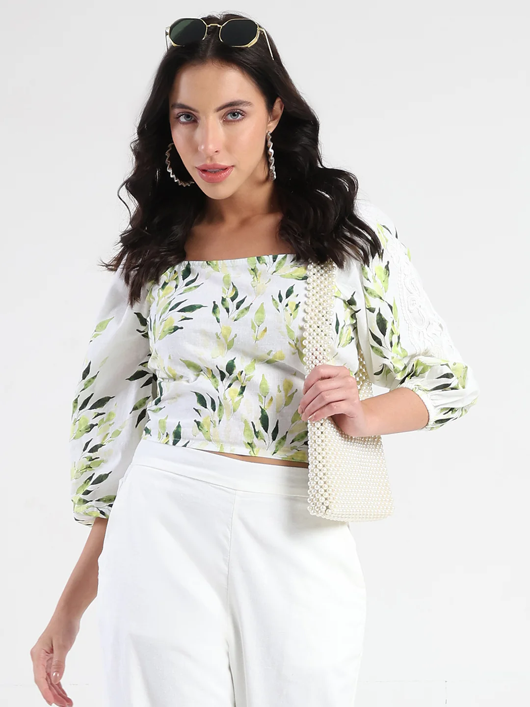 Madame Printed Top and Bottoms Ivory Cotton Blend Co-ord Set - Image 2