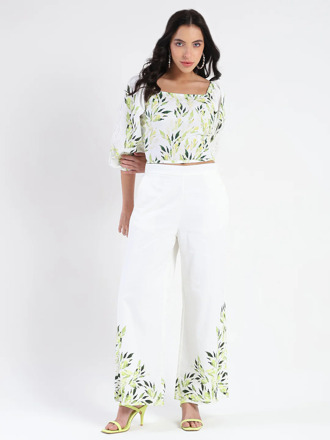 Madame Printed Top and Bottoms Ivory Cotton Blend Co-ord Set - Image 3