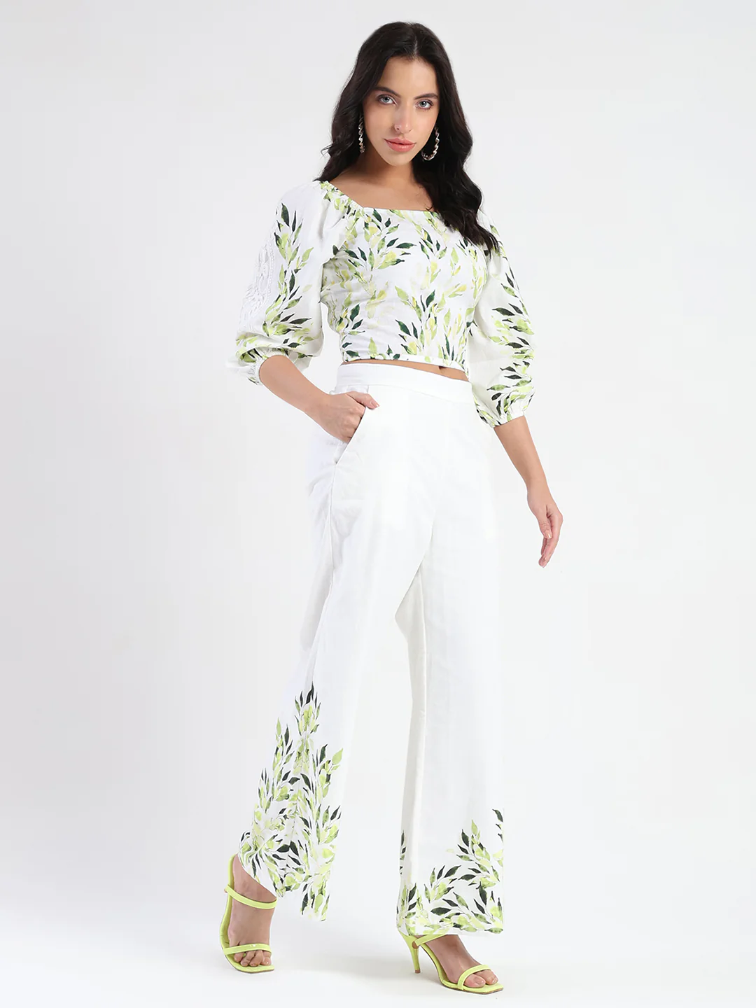 Madame Printed Top and Bottoms Ivory Cotton Blend Co-ord Set - Image 4