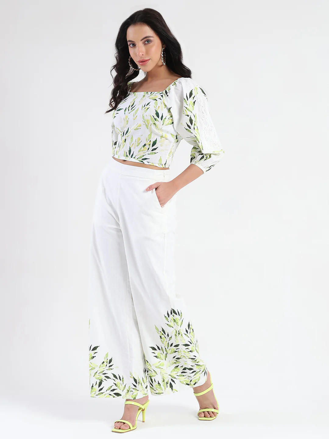 Madame Printed Top and Bottoms Ivory Cotton Blend Co-ord Set - Image 5