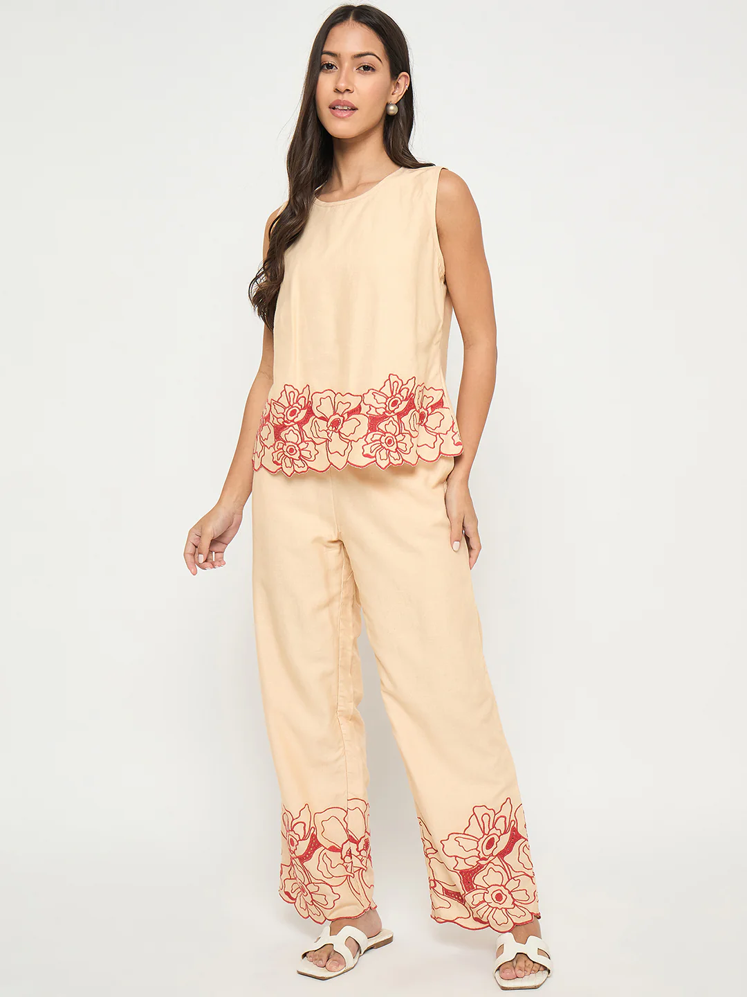 Madame Floral Embroidered Hem Top and Bottom Beige Co-ord Set - Image 3