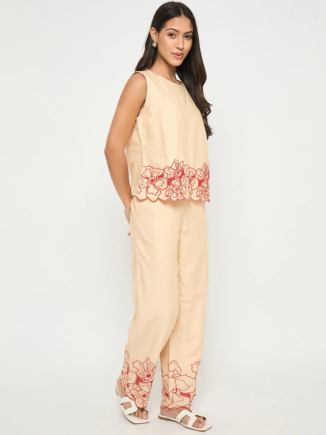 Madame Floral Embroidered Hem Top and Bottom Beige Co-ord Set - Image 4