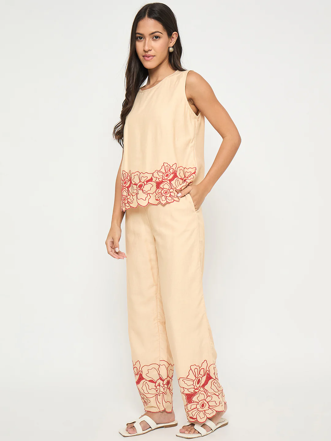 Madame Floral Embroidered Hem Top and Bottom Beige Co-ord Set - Image 5