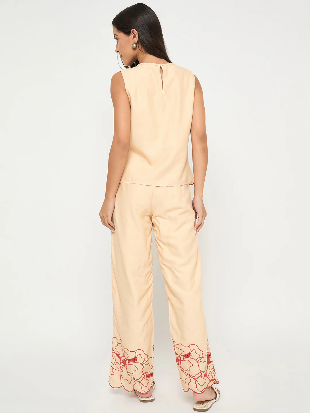 Madame Floral Embroidered Hem Top and Bottom Beige Co-ord Set - Image 6
