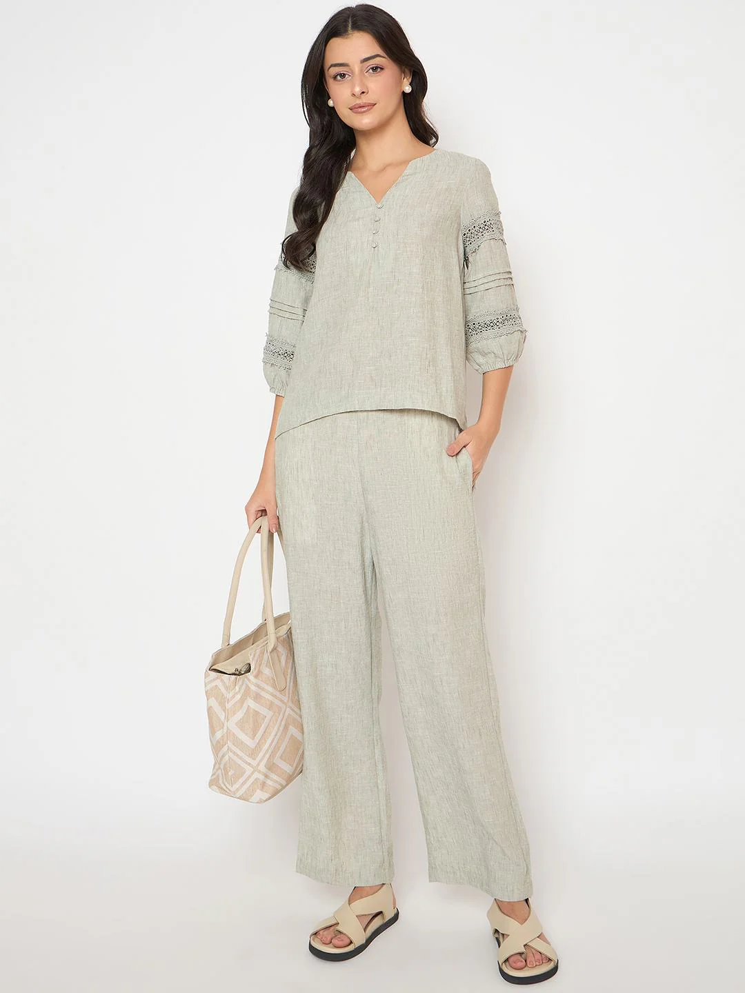 Madame Lace Inserted Top and Bottom Green Co-ord Set - Image 2