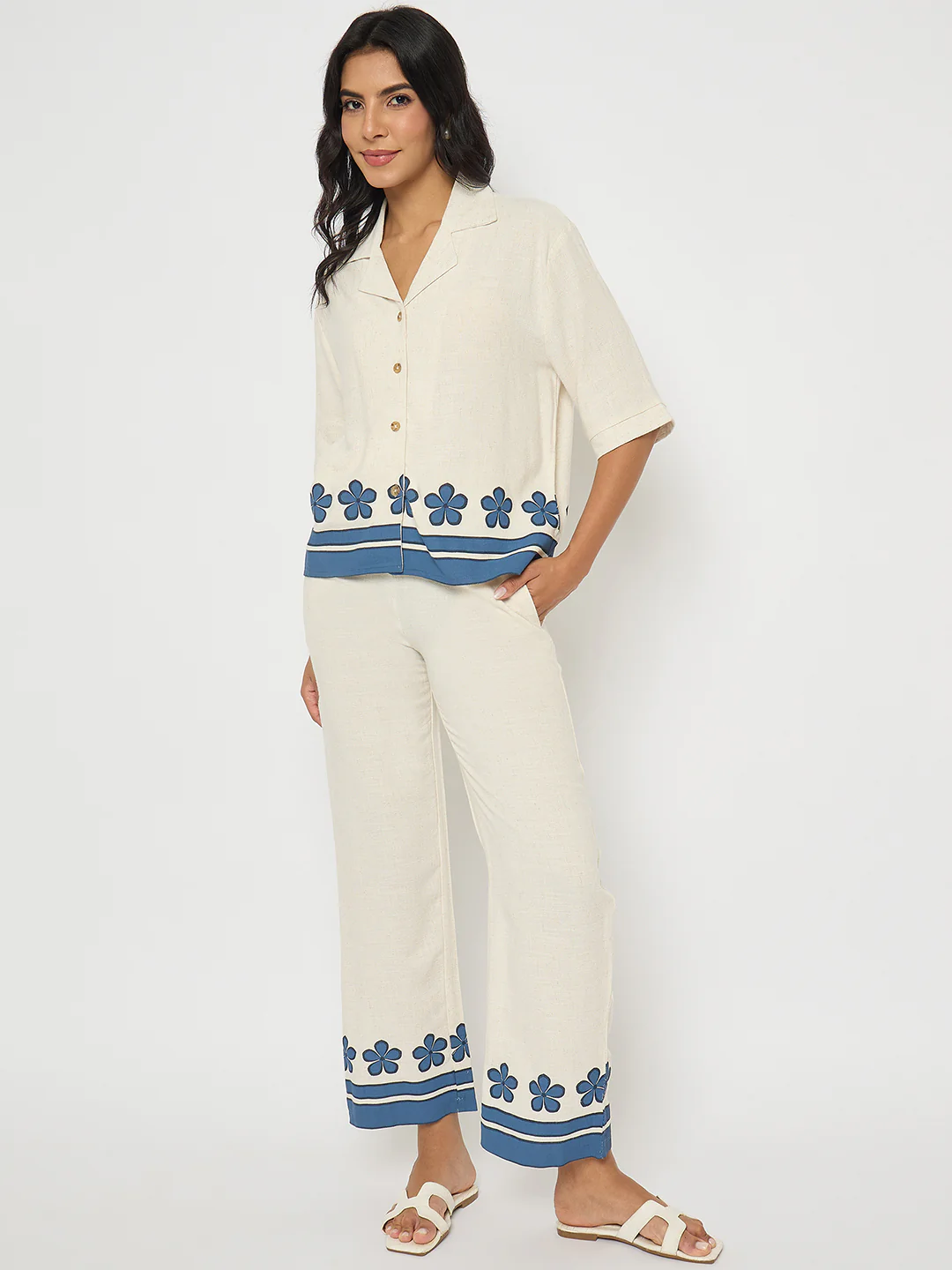 Madame Contrast Detailing Rayon Blend Beige Co-ord Set