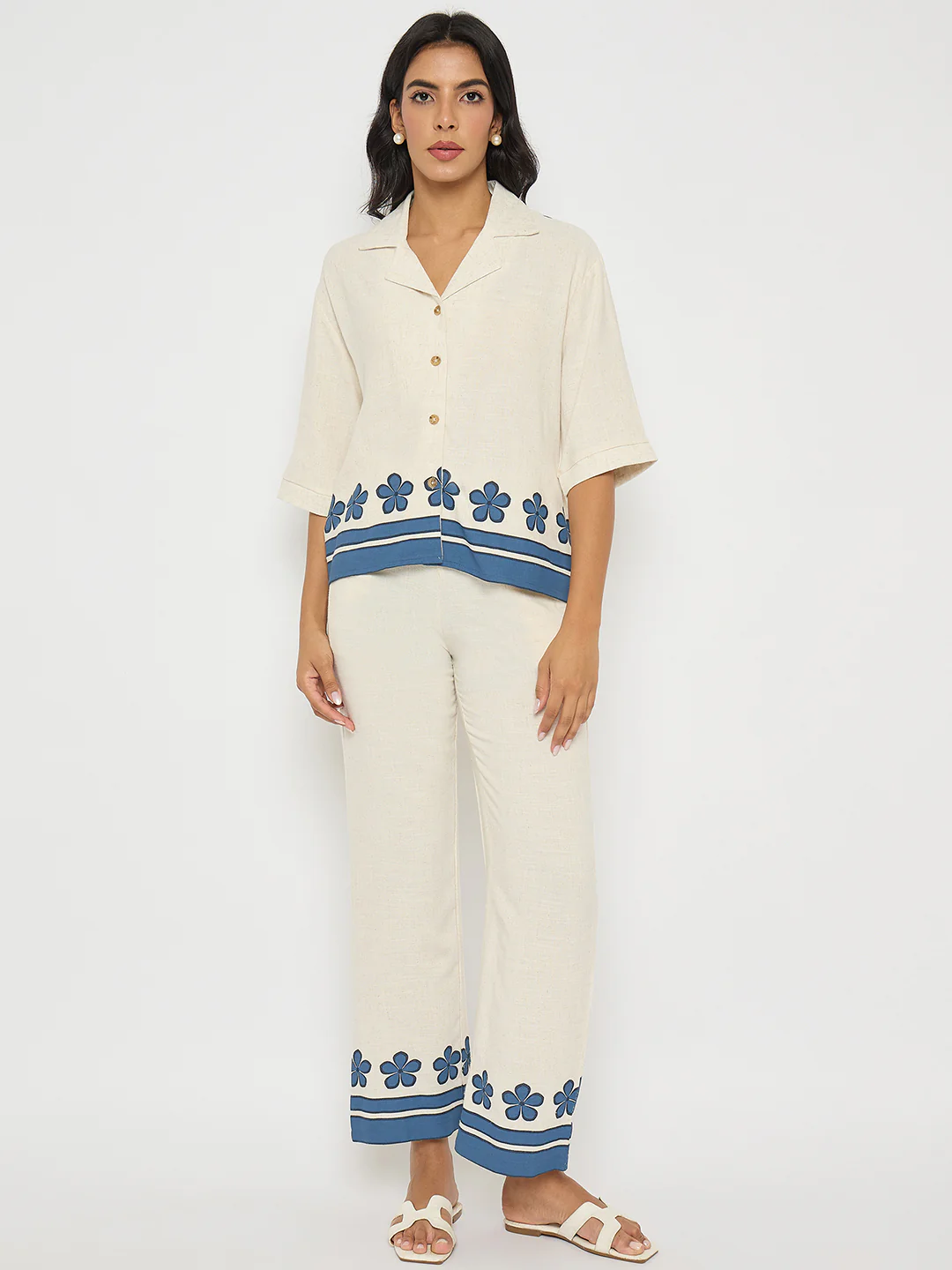 Madame Contrast Detailing Rayon Blend Beige Co-ord Set - Image 3