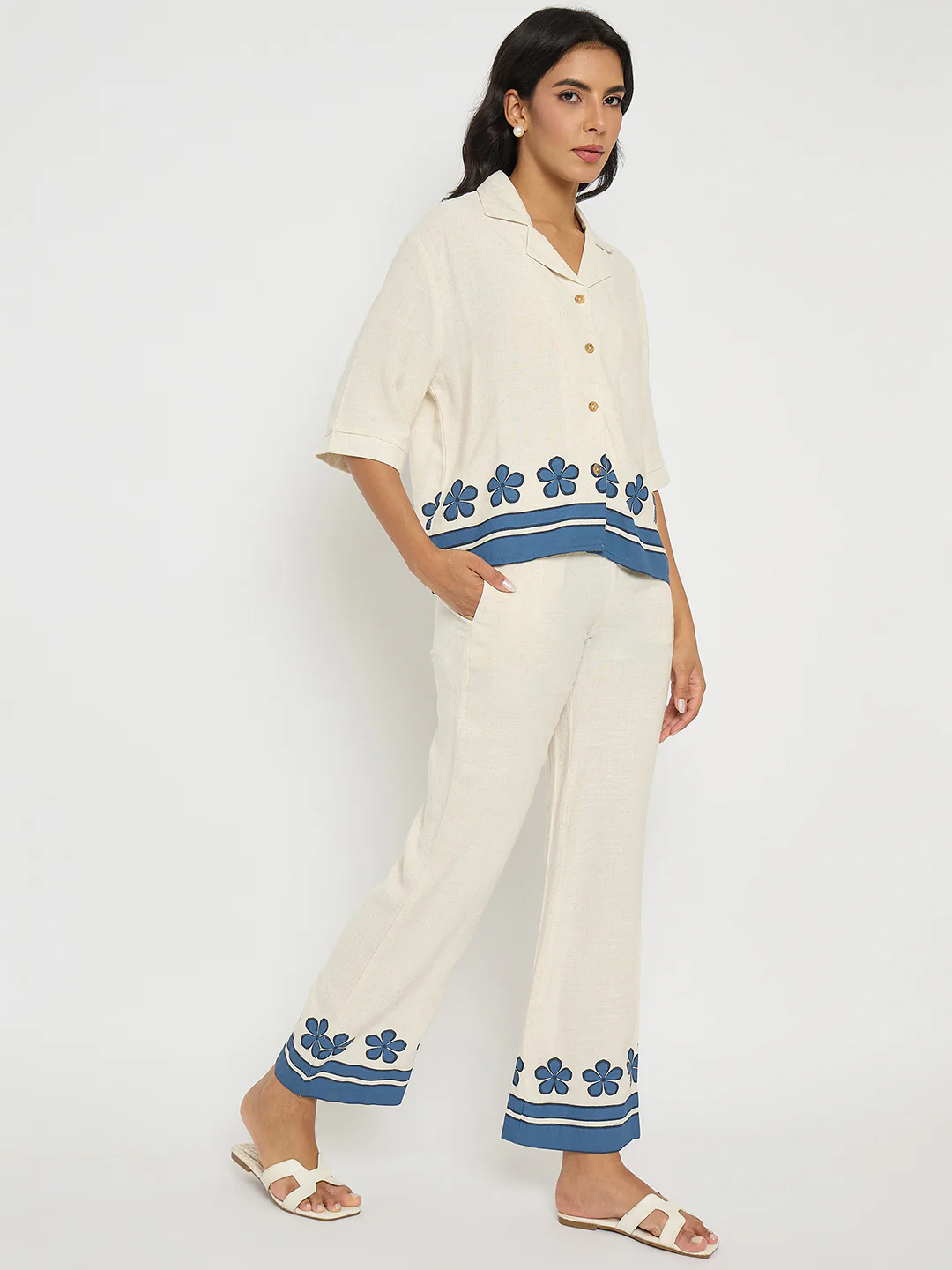Madame Contrast Detailing Rayon Blend Beige Co-ord Set - Image 4