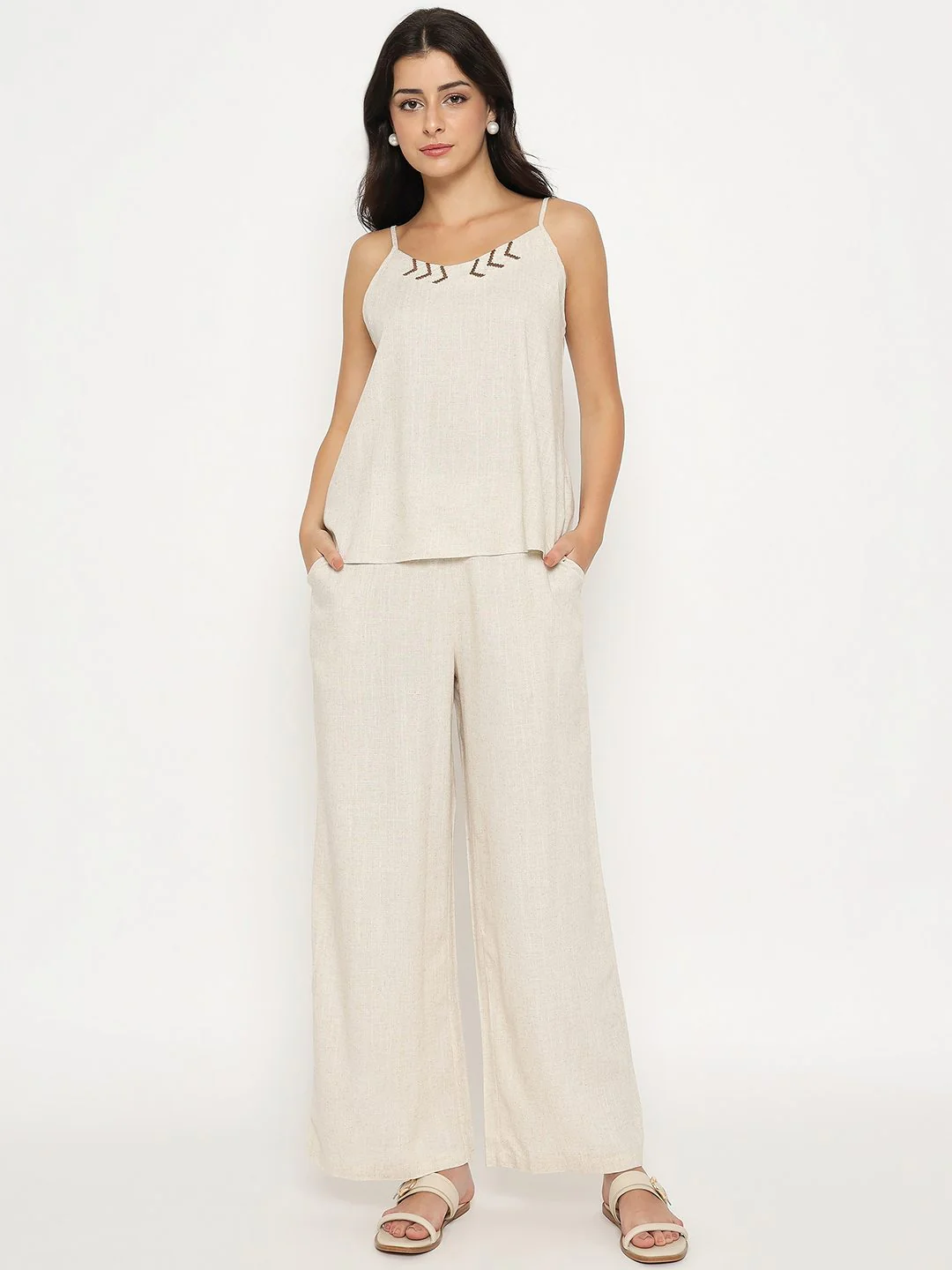 Madame Sleeveless Top and Straight Bottom Beige Co-ord Set - Image 3