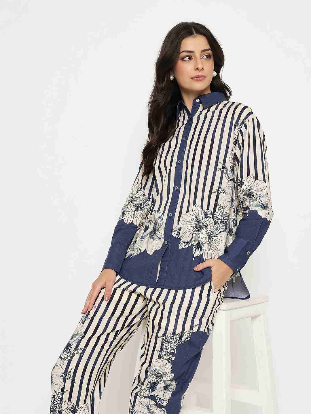 Madame Floral Print Top and Bottoms Striped Navy Blue Co-ord Set - Image 2