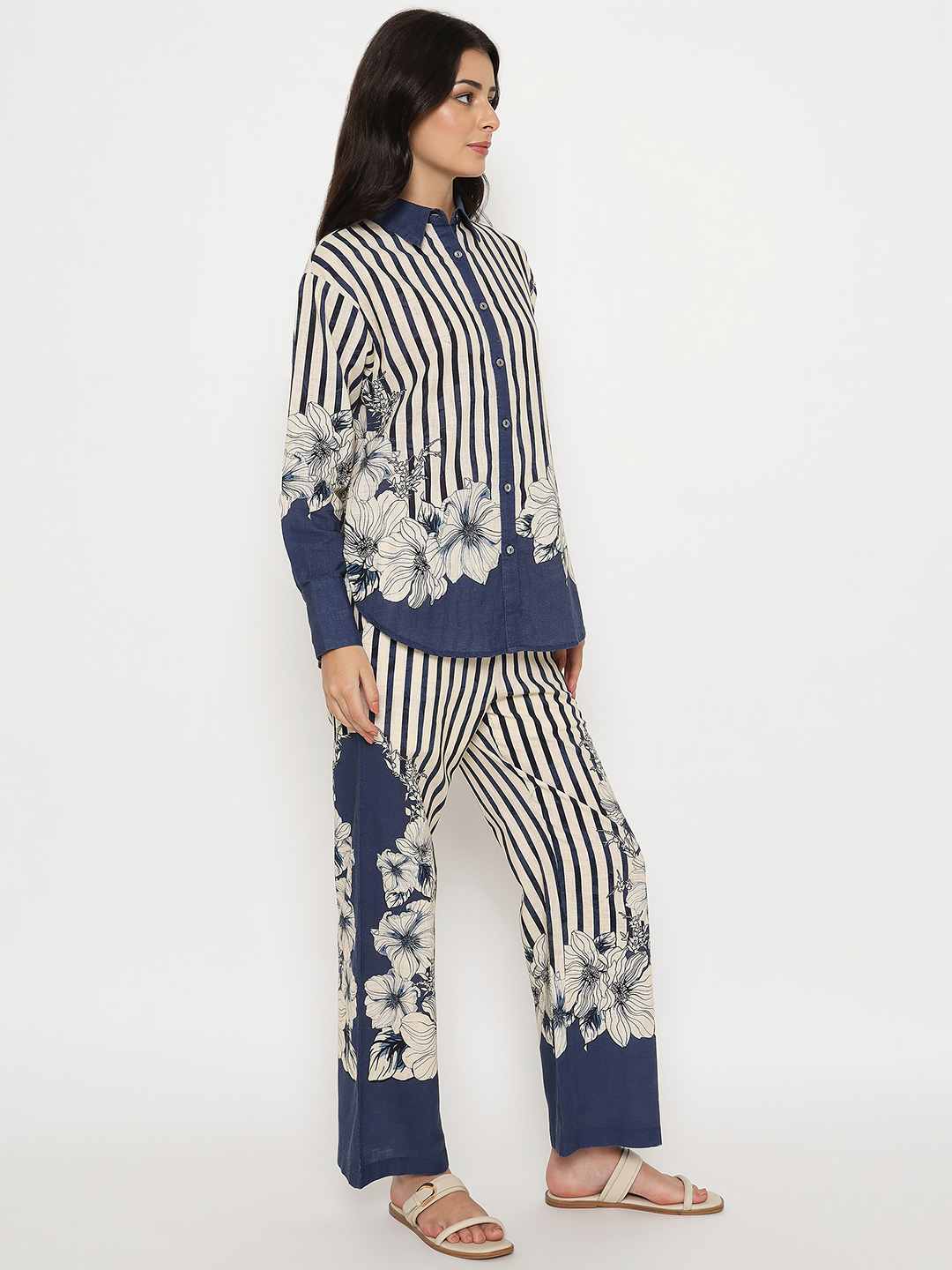Madame Floral Print Top and Bottoms Striped Navy Blue Co-ord Set - Image 4