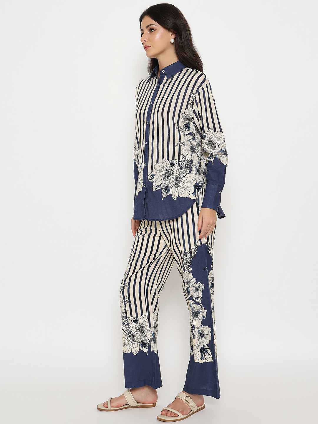 Madame Floral Print Top and Bottoms Striped Navy Blue Co-ord Set - Image 5