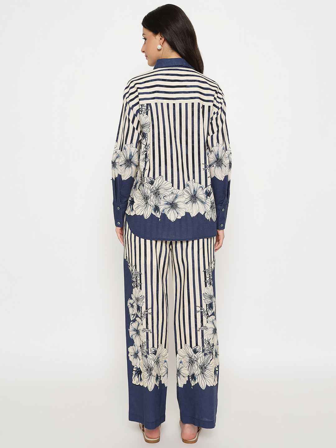 Madame Floral Print Top and Bottoms Striped Navy Blue Co-ord Set - Image 6