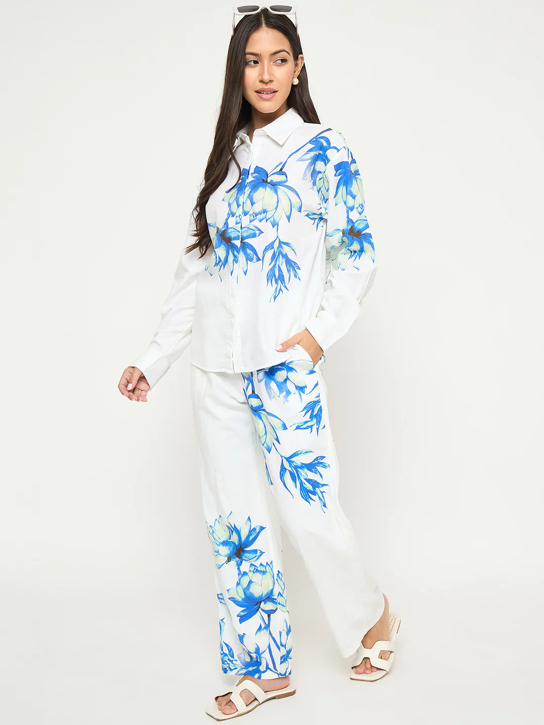 Madame Floral Print Shirt and Trousers Blue Cotton Co-ord Set