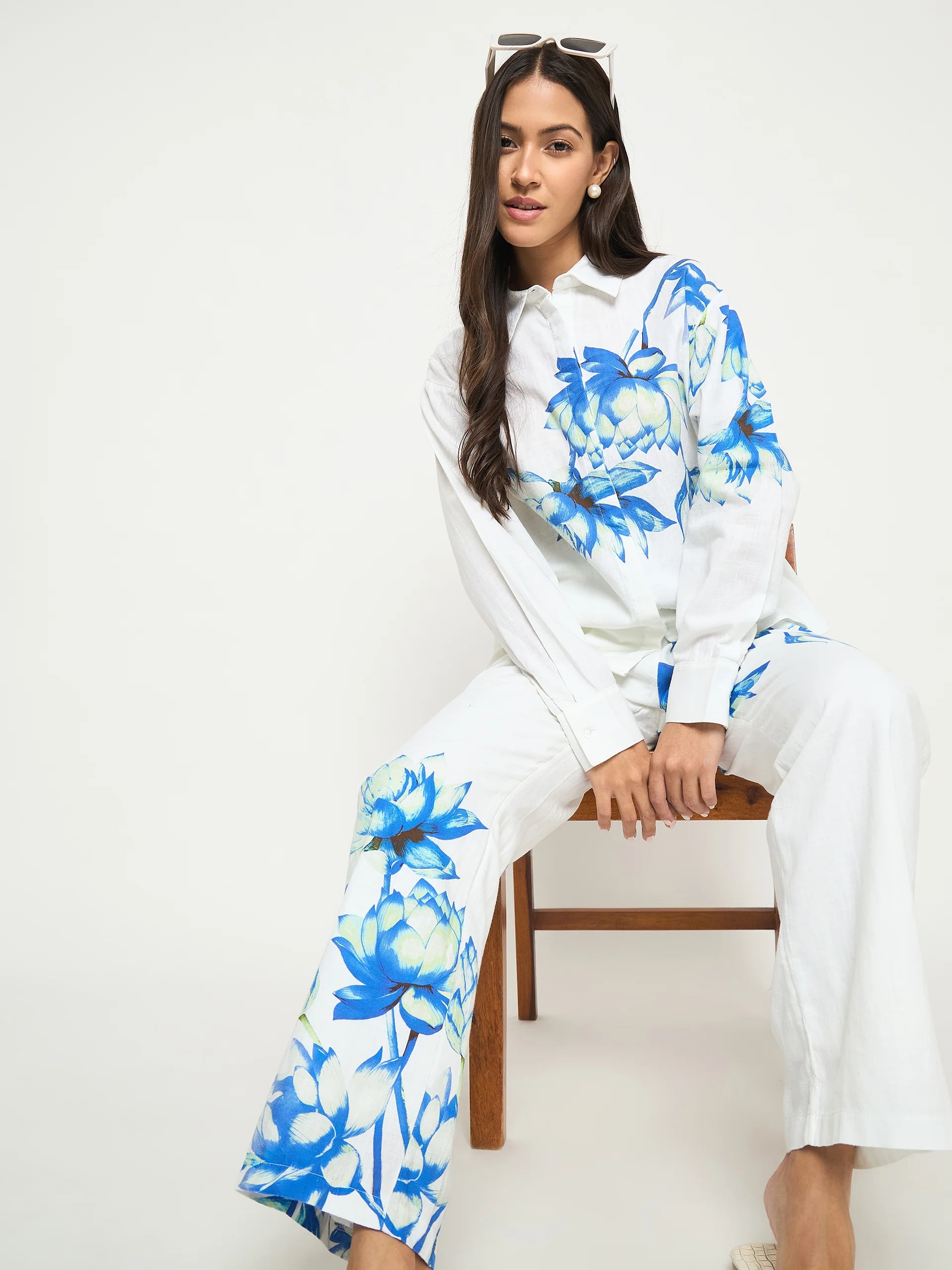 Madame Floral Print Shirt and Trousers Blue Cotton Co-ord Set - Image 2