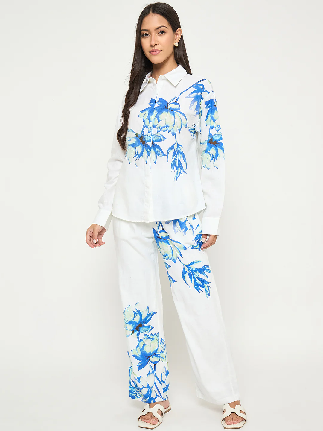 Madame Floral Print Shirt and Trousers Blue Cotton Co-ord Set - Image 3