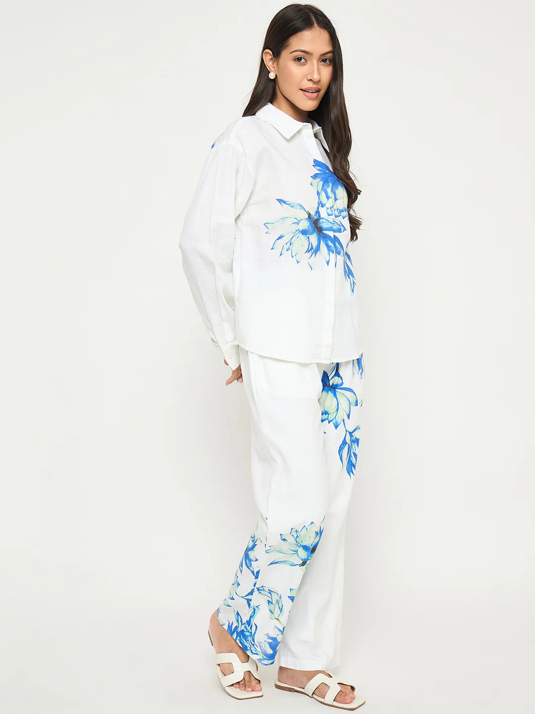 Madame Floral Print Shirt and Trousers Blue Cotton Co-ord Set - Image 4