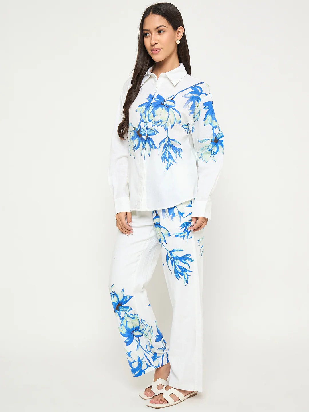Madame Floral Print Shirt and Trousers Blue Cotton Co-ord Set - Image 5