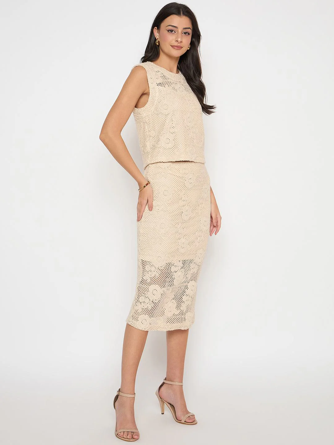 Madame Floral Lace Top and Midi Skirt Beige Co-ord Set - Image 4