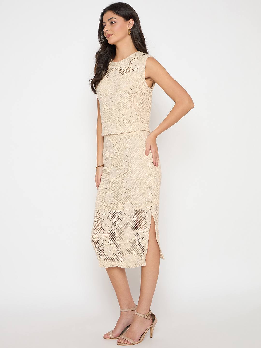 Madame Floral Lace Top and Midi Skirt Beige Co-ord Set - Image 5
