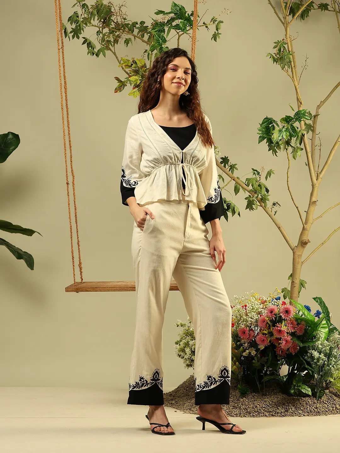 Madame Printed Viscose Blend Three Piece Off White Co-ord Set - Image 3