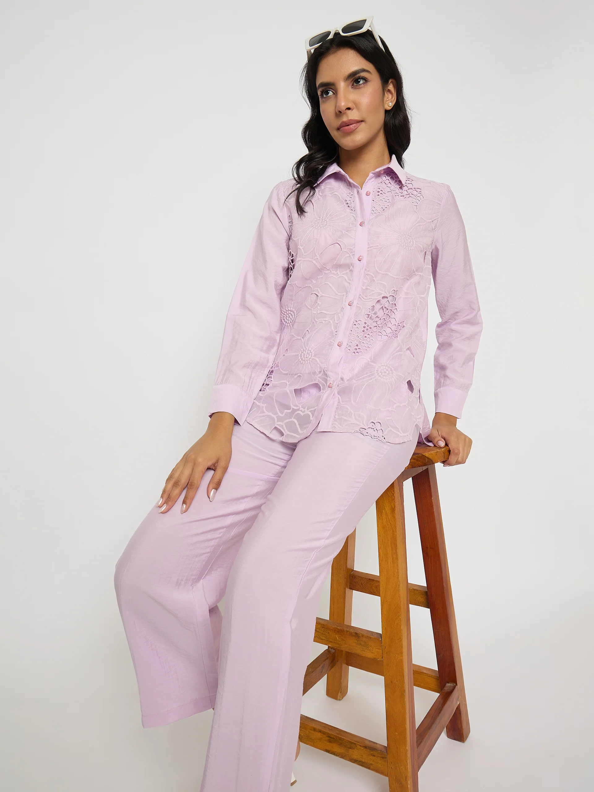 Madame Cutwork Embroidery Top and Bottom Mauve Co-ord Set - Image 2
