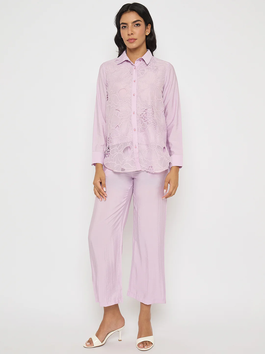 Madame Cutwork Embroidery Top and Bottom Mauve Co-ord Set - Image 3