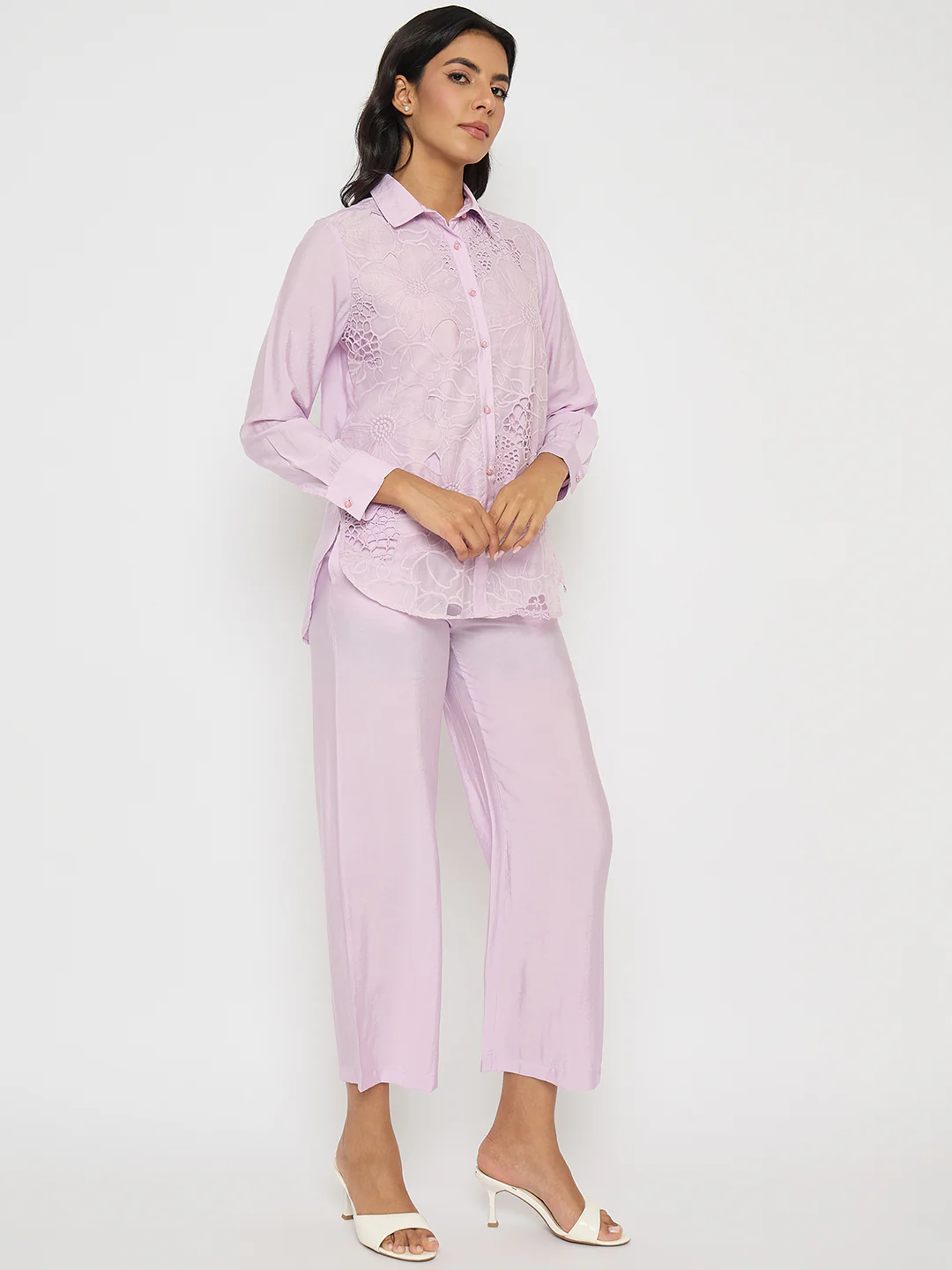 Madame Cutwork Embroidery Top and Bottom Mauve Co-ord Set - Image 4
