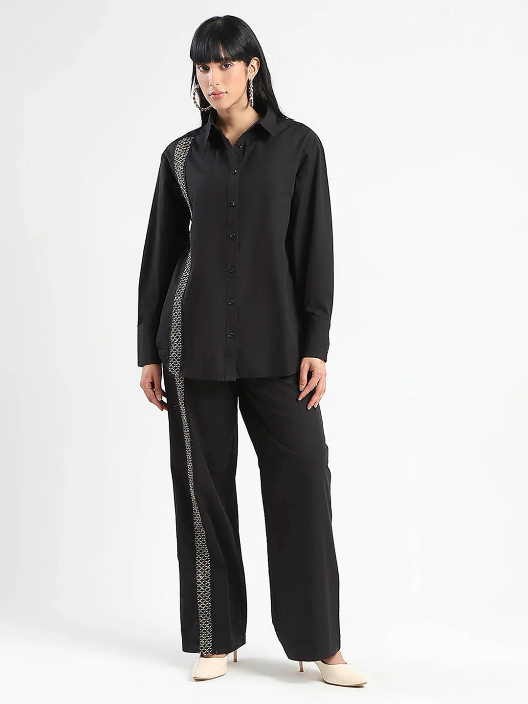 Madame Textured Shirt and Bottoms Black Co-ord Set