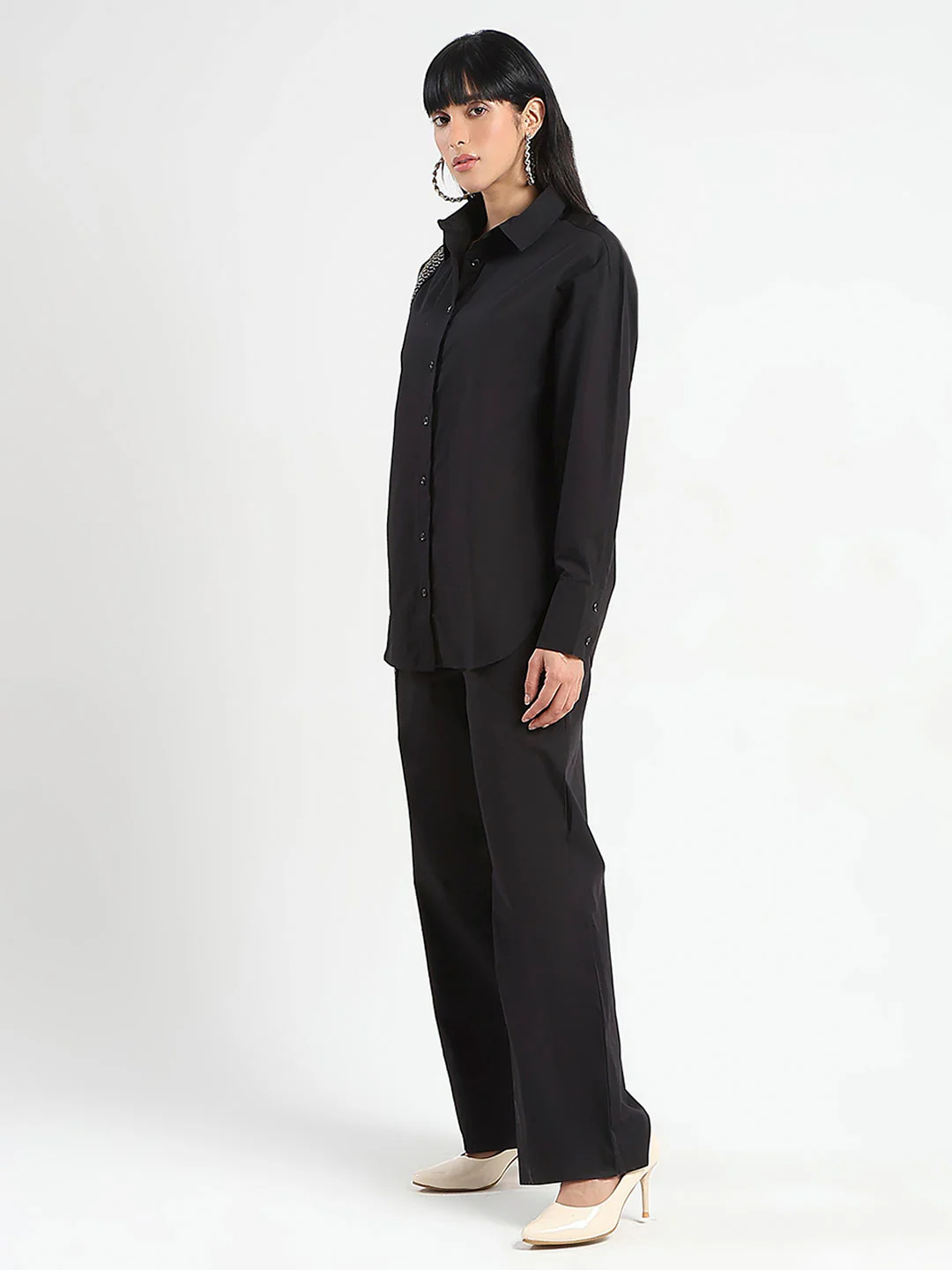 Madame Textured Shirt and Bottoms Black Co-ord Set - Image 2