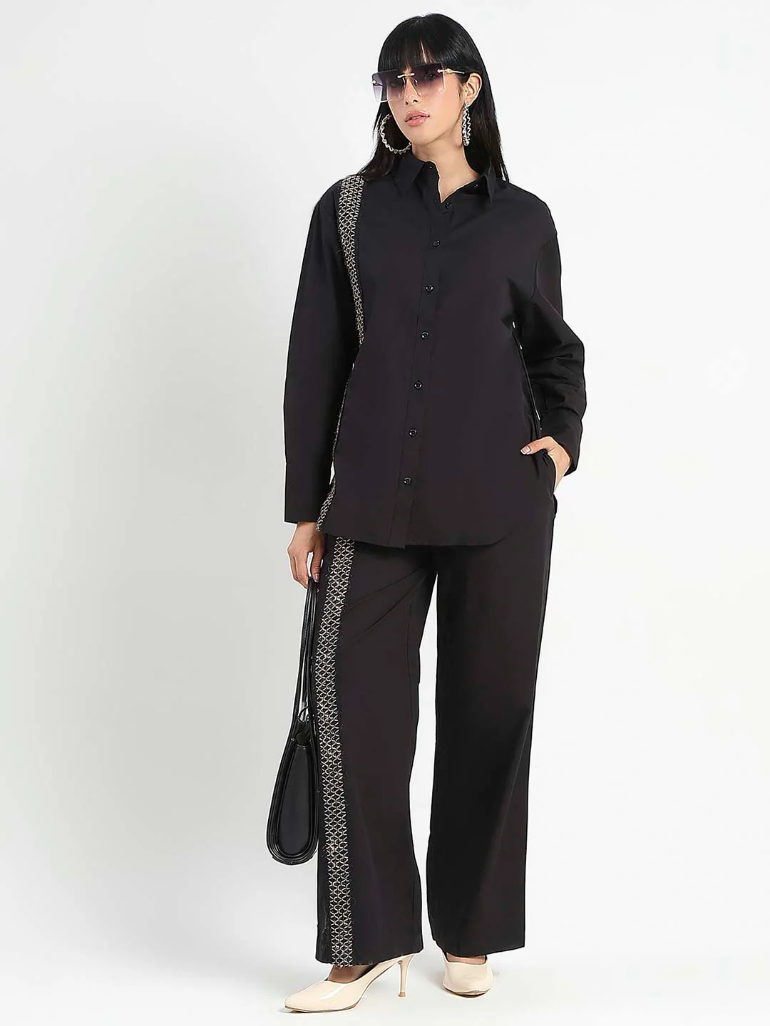 Madame Textured Shirt and Bottoms Black Co-ord Set - Image 5