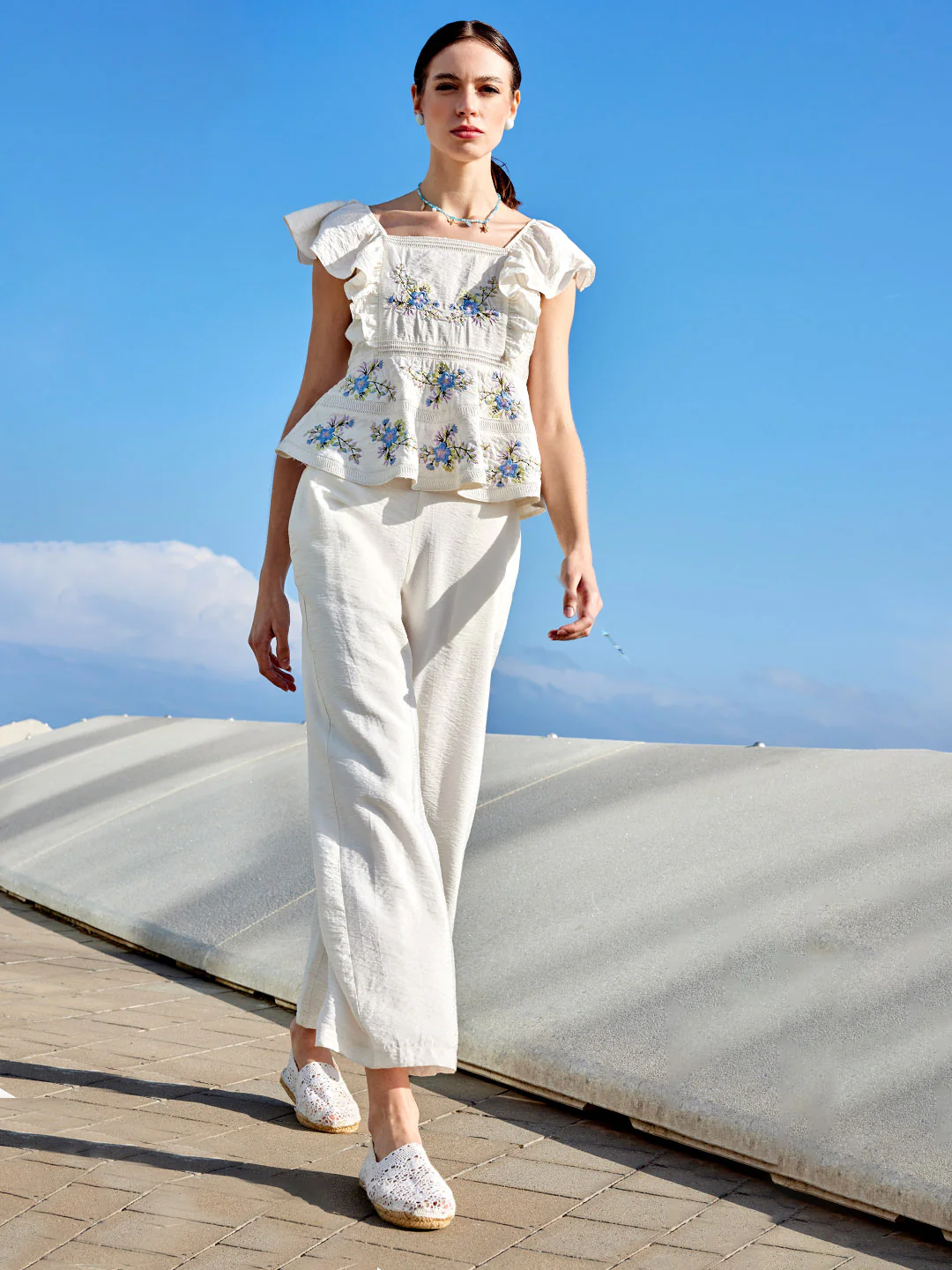 Madame Floral Print Top and Straight Trousers Off White Co-ord Set