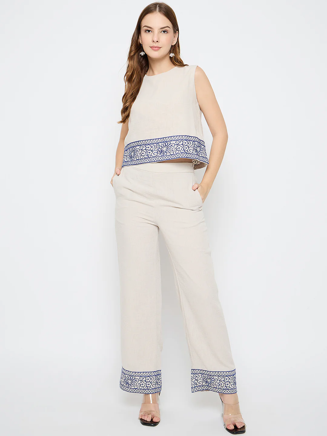 Madame Embroidered Top and Straight Bottoms Stone Grey Co-ord Set