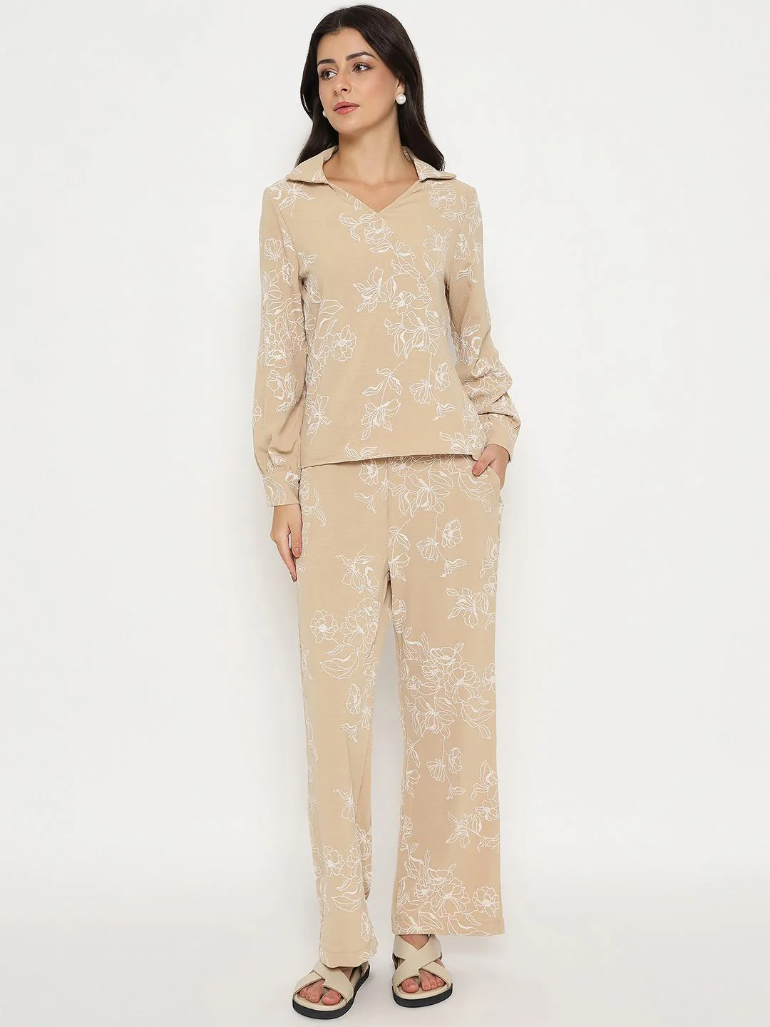 Madame Floral Print Top and Bottoms Beige Co-ord Set - Image 3